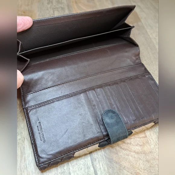 Bottega Veneta Intreccaito Black Brown and Tan Woven Wallet Clutch